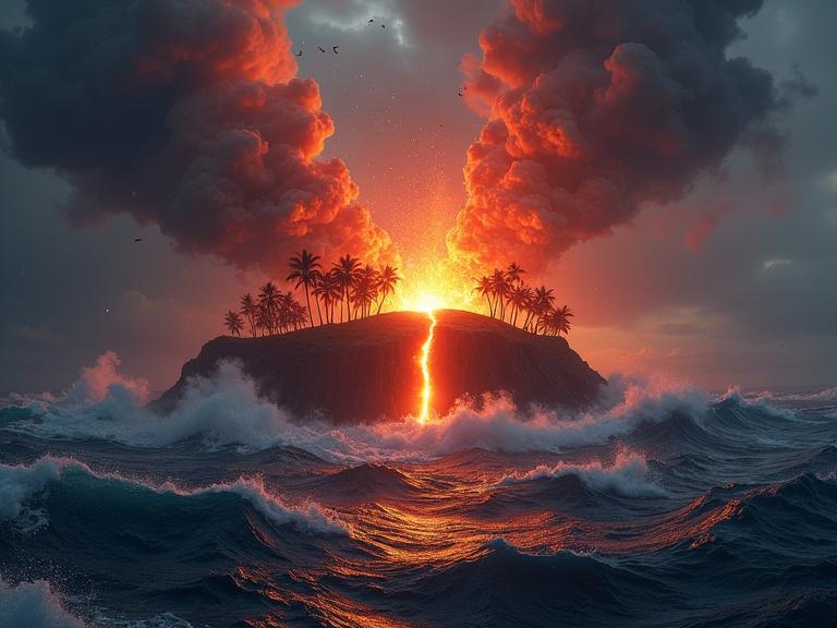 A panoramic hyperrealistic view of a tropical island splitting apart during a violent volcanic eruption. The volcano in the center spews glowing lava and ash clouds into the dark sky. Massive cracks open in the island’s terrain, with large chunks of earth falling into the turbulent ocean. Dense ash clouds spread across the sky, illuminated by the red-orange glow of the lava. Trees are bent and destroyed by strong winds. The sea reflects the chaos with rough water. Detailed textures capture the dramatic scene.