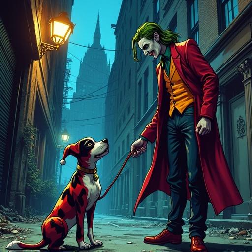 A comic book style scene in a gritty Gotham alley. Harley Quinn on all fours with a collar and leash. The Joker stands above her, gripping the leash. The atmosphere is gloomy with flickering lights, scattered trash, and wet pavement. The colors are bold and the shadows stark.