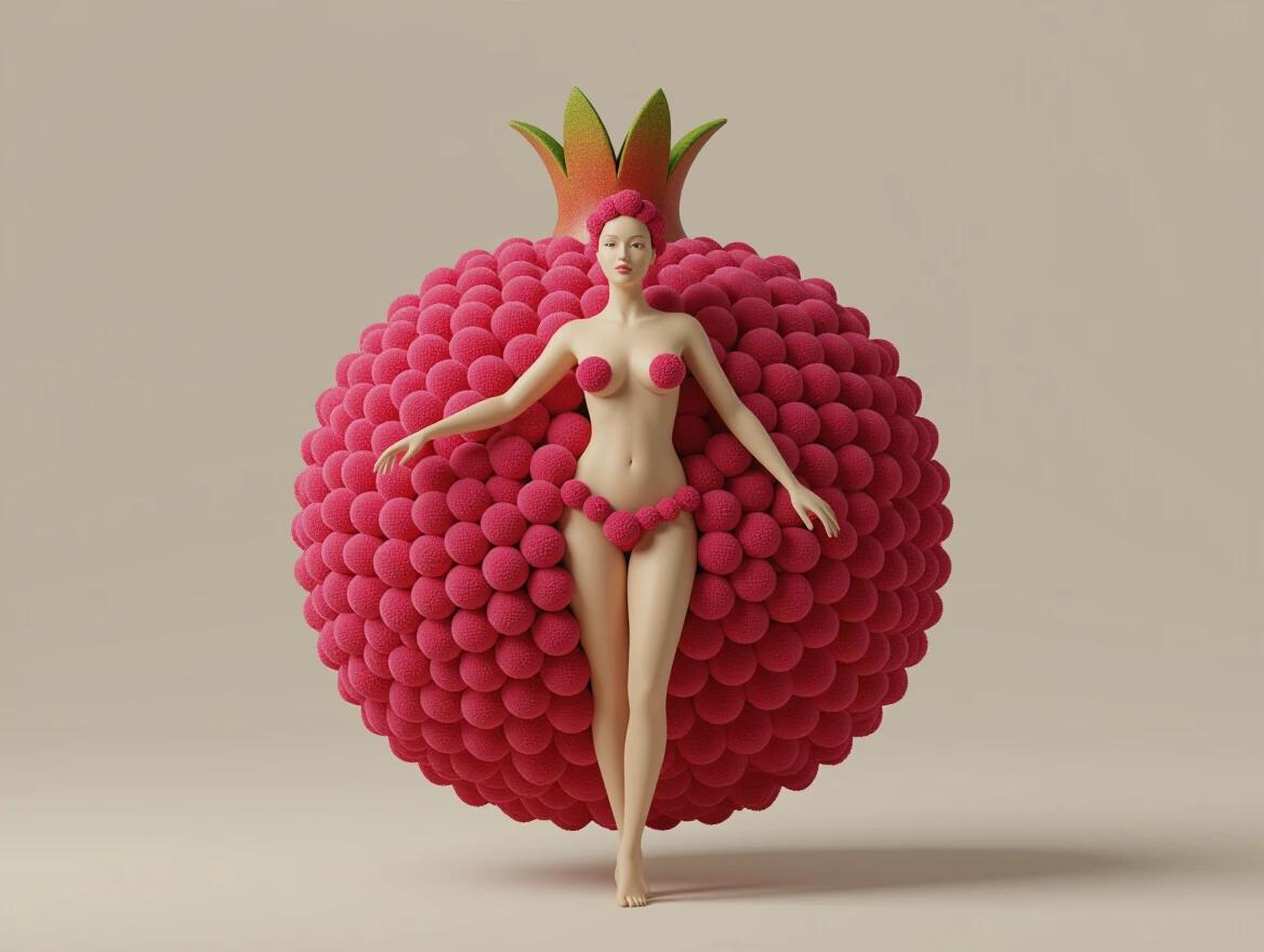 Highly detailed 3D model of a woman figure. Body shapes resemble a pomegranate covered in small pom-poms. The figure has a playful crown resembling fruit foliage. Warm tones dominate the composition.