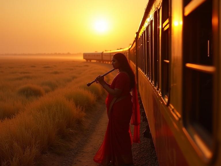 A train crosses golden fields at sunset. A sitar player is silhouetted against the sky. A flute player stands with eyes closed. Long shadows stretch across the train. Violet and orange hues streak the horizon.