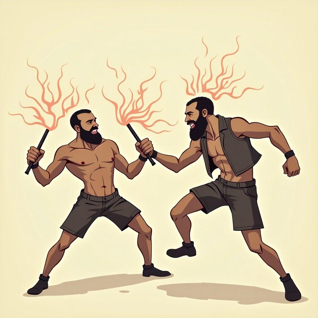 Stylized depiction of two fighters engaging in combat. Each character holds a flaming torch. They are muscular and depicted in an action pose. The background is plain to emphasize the characters.