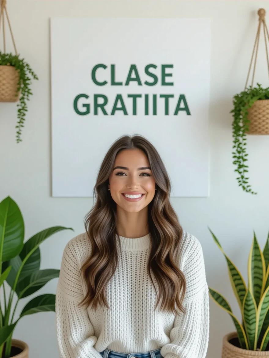 High-quality photograph of a woman smiling. White poster with 'Clase Gratuita' behind her. Room has plants and motivational decor. Soft natural lighting provides a welcoming atmosphere. Bright colors create a sense of opportunity.