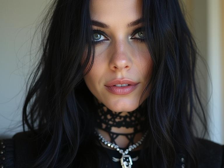 Portrait of a woman with long black hair emphasizing heavy metal style. She has a choker and accessories that reflect the rock aesthetic. The makeup is dark and expressive, enhancing her striking features. Focus on the model's intense gaze and bold fashion choices.