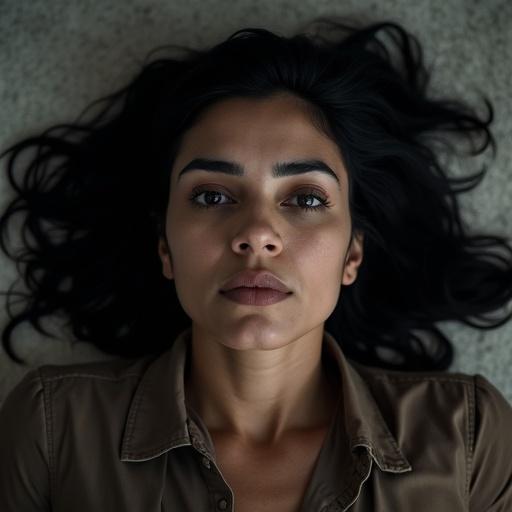 A woman laying on the floor with a serious expression. Her eyes are open and mouth is closed. She has dark hair and thick eyebrows. The atmosphere is somber and serious.