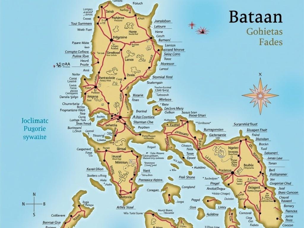 This image displays a detailed map of Bataan, a province in the Philippines. It highlights various towns, roads, and points of interest such as historical sites and landmarks. The map is designed for easy navigation and is marked with distinctive features, making it useful for tourists and locals alike. Bright colors indicate different areas and routes throughout Bataan. Overall, it serves as an informative guide for exploring the region.