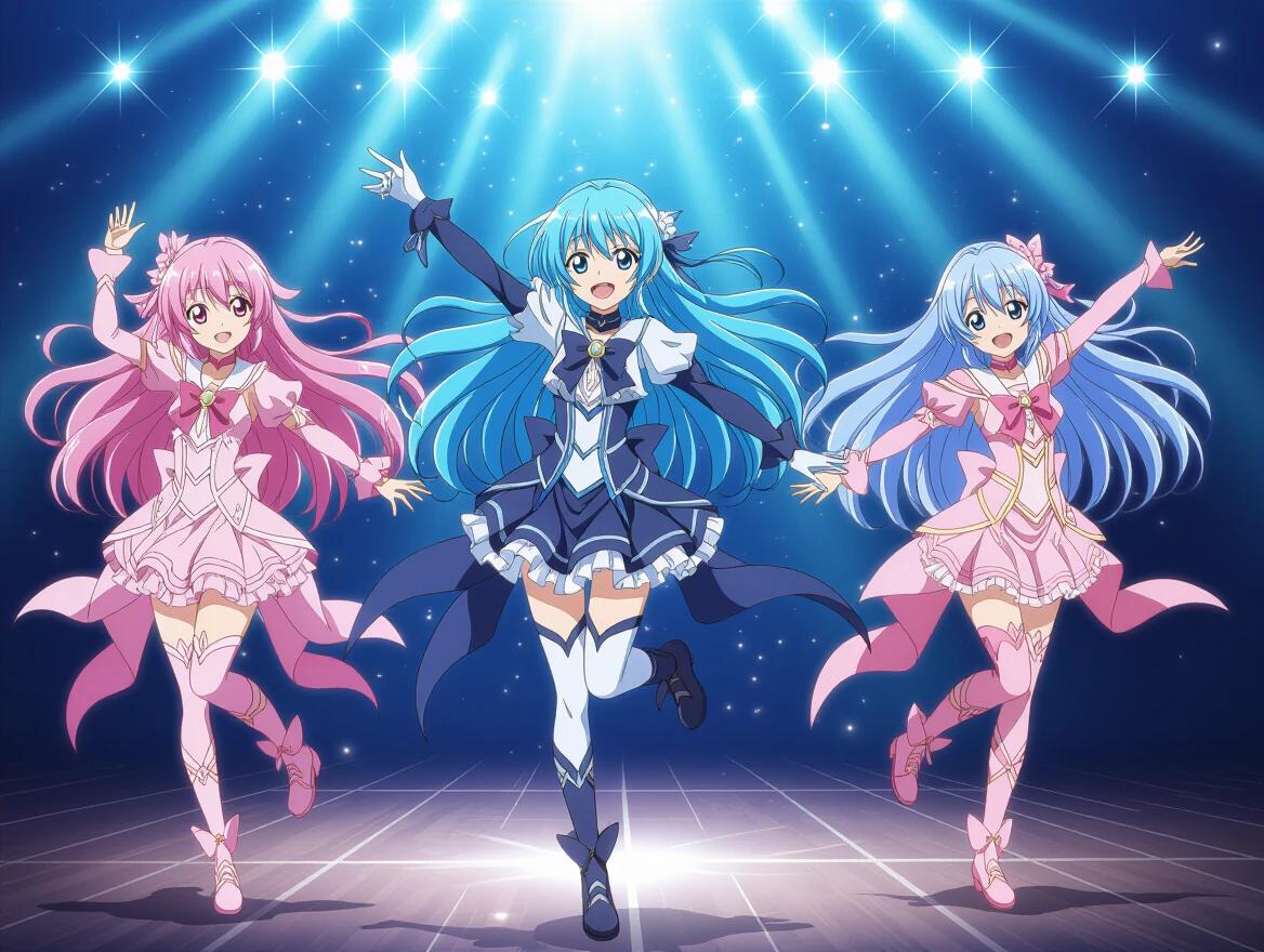 Three anime characters dance together in colorful outfits on a stage. They express joy and energy through dynamic movements. The background is bright with stage lighting. Their hair flows as they move energetically. Each character has a unique costume design with matching colors. The setting captures a lively performance atmosphere.