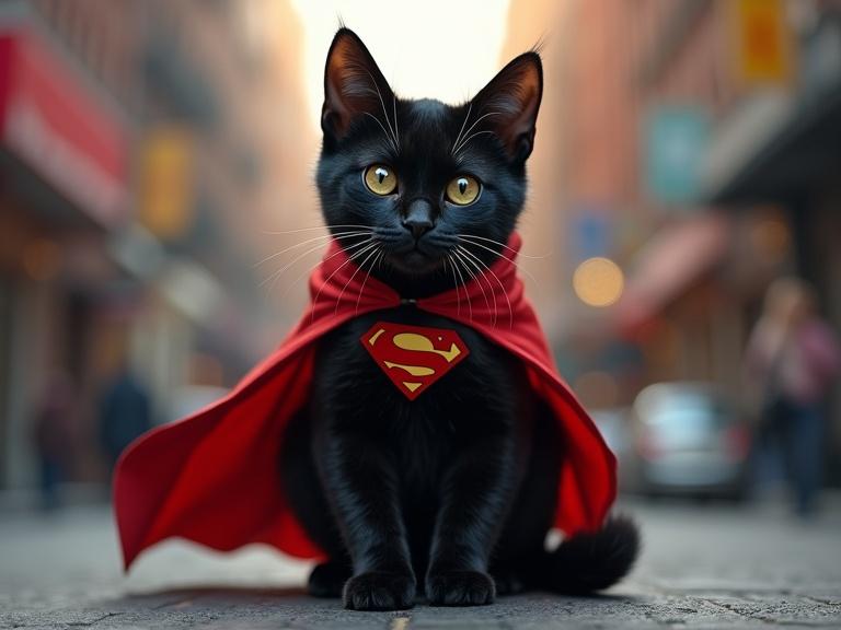 Realistic rendering of a young humanoid black cat superhero. The cat stands on its hind legs with paws on hips in a New York alley. It wears a red cape and a superhero emblem.
