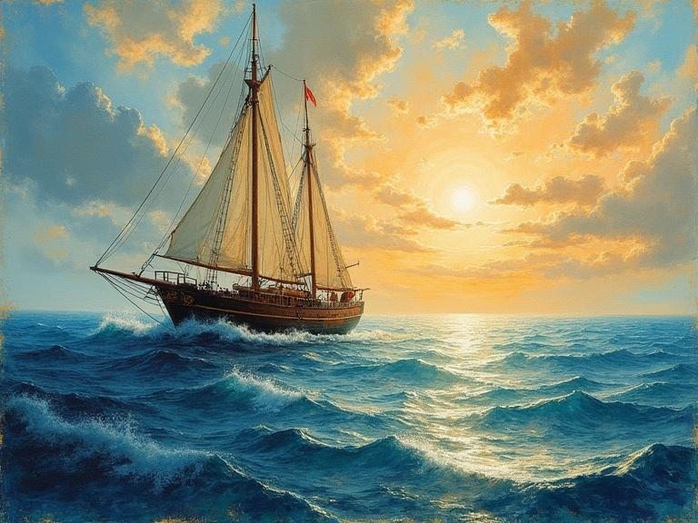 A sailing boat on vibrant ocean waves during sunset. Golden sunlight reflects on the water's surface. Clouds are colorful in the sky. The scene evokes feelings of tranquility and adventure. The boat is detailed with sails flapping gently. Rich color palette includes deep blue and turquoise.