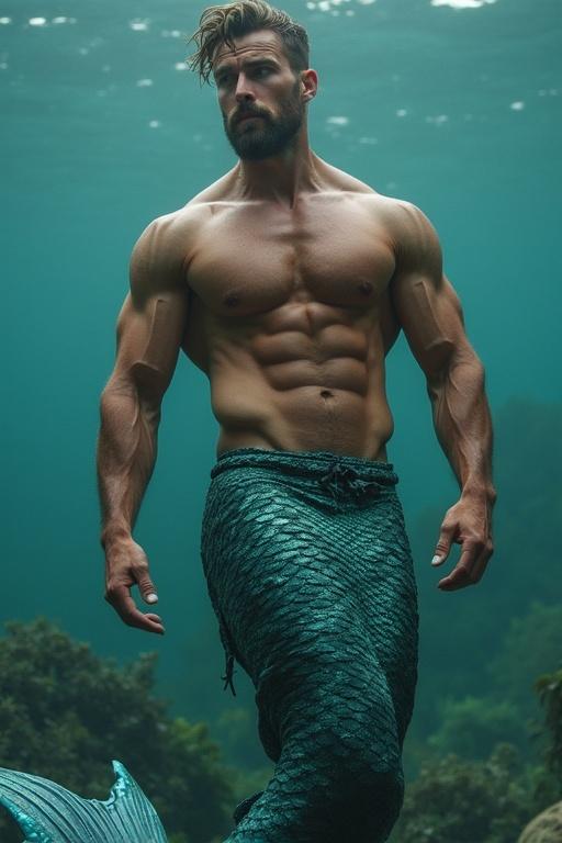 A muscular man with a fish tail poses underwater. The scene depicts a combination of strength and fantasy. The background shows underwater flora and hints of sunlight filtering through the surface.