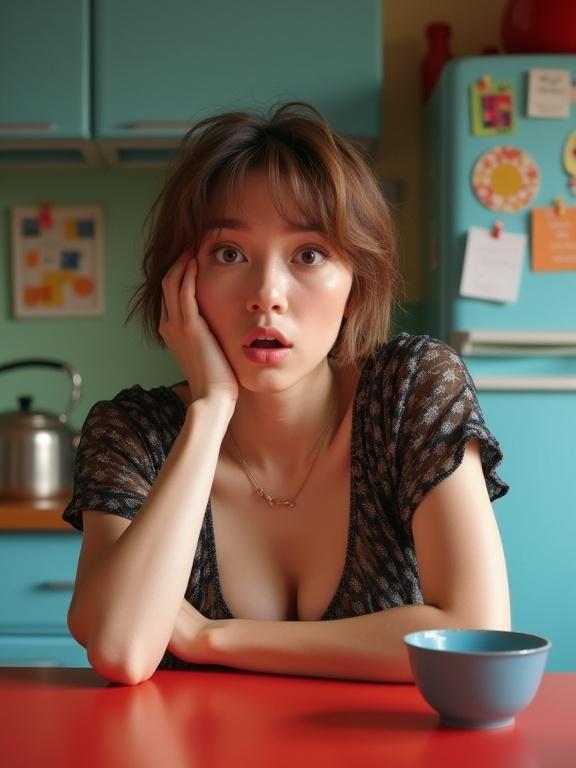 Photograph of a woman with short brown hair leaning on a red table. Right hand rests on cheek. She wears a black and white low neckline top revealing cleavage. Necklace with a small pendant. Cozy kitchen in the background with blue cabinets and green backsplash. Items include a blue bowl on the table and a metallic teapot. Warm soft lighting enhances the atmosphere. Woman has a youthful appearance and pleasant expression. She appears slightly right of center and looks directly at the viewer.
