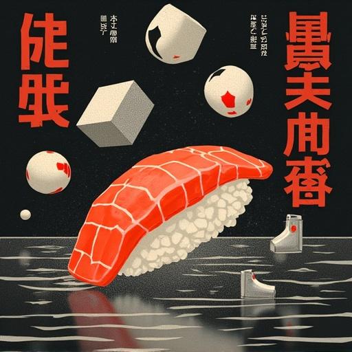 Stylized surreal poster design inspired by modern graphic design. Limited color palette includes black and red. Elements include sushi with floating objects. Use playful visual metaphors like billiard balls. Include halftone shading and grainy textures. Layout resembles a magazine cover with asymmetric composition. Combine English and foreign text creatively. Focus on negative space and visual rhythm.