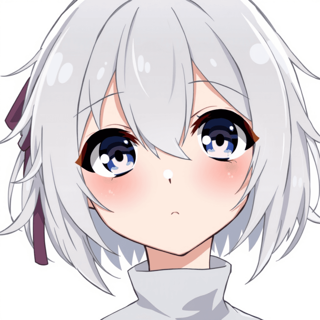 A cute anime-style character with silver hair and big, expressive blue eyes.