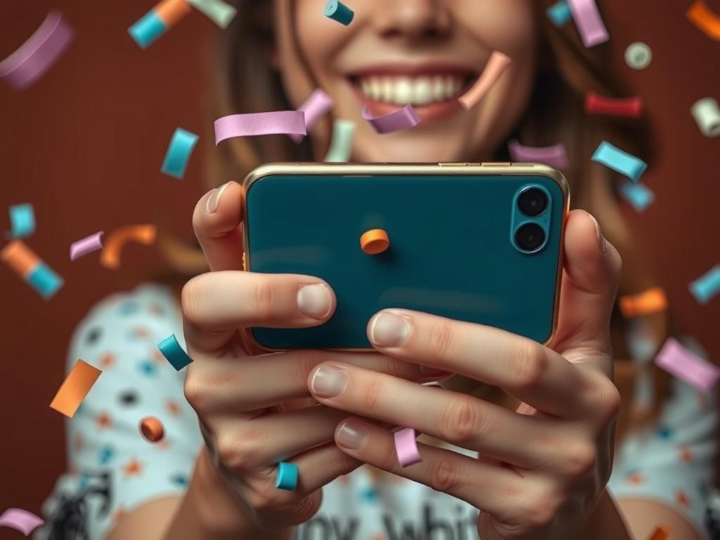 A person joyfully takes a selfie surrounded by colorful confetti.