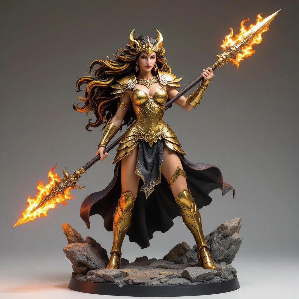 Resin female figure inspired by the Leo sign. Majestic goddess with flowing long hair like a lion's mane in dark golden blonde. She wears golden armor with claw and mane details, with a short metallic plate skirt. Standing on a rocky base, holding a flaming spear while looking ahead. Proud and defiant expression. Dominant pose with one leg forward and chest out. Crown shaped like a lion's mane and glowing ember eyes. Semi-realistic, fantastical style.
