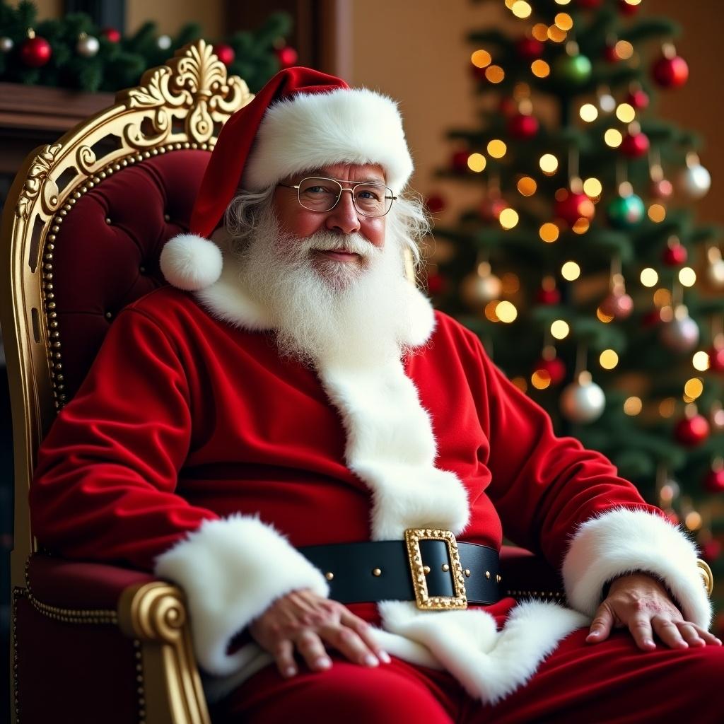 Photo realistic Santa Claus dressed in traditional red suit with white trim, seated on a throne surrounded by Christmas ornaments, background includes a Christmas tree with colorful baubles, warm and cheerful holiday atmosphere capturing Santa preparing for gifting season.