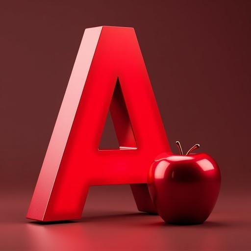 Bold red letter A beside a shiny red apple with smooth surfaces in a dark red setting