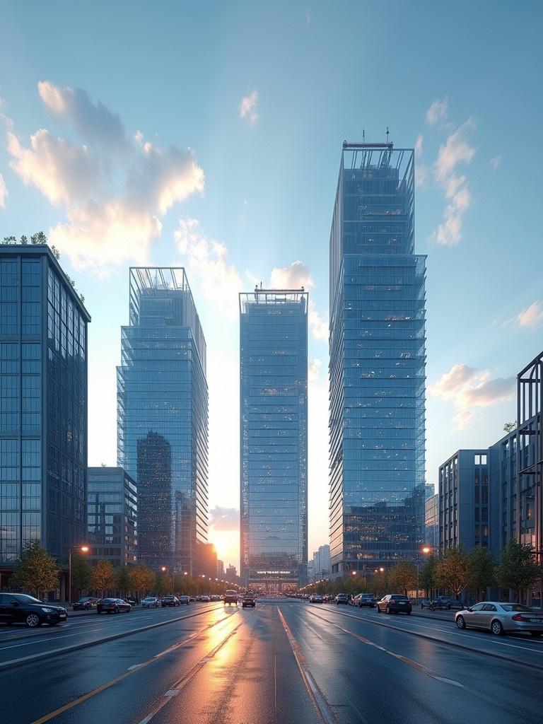 A cityscape featuring towering skyscrapers with a focus on modern architecture. The image captures a busy road leading towards the buildings. The sky shows sunset colors with soft clouds. Cars are parked along the street, showcasing a contemporary urban environment.