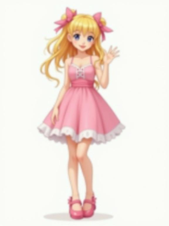 Full body illustration of a girl in a mini sundress. She has blonde twintails with bows and is waving. The background is plain white. Bright pink shoes accent the outfit. The image has a pixelated quality and bright saturated colors.
