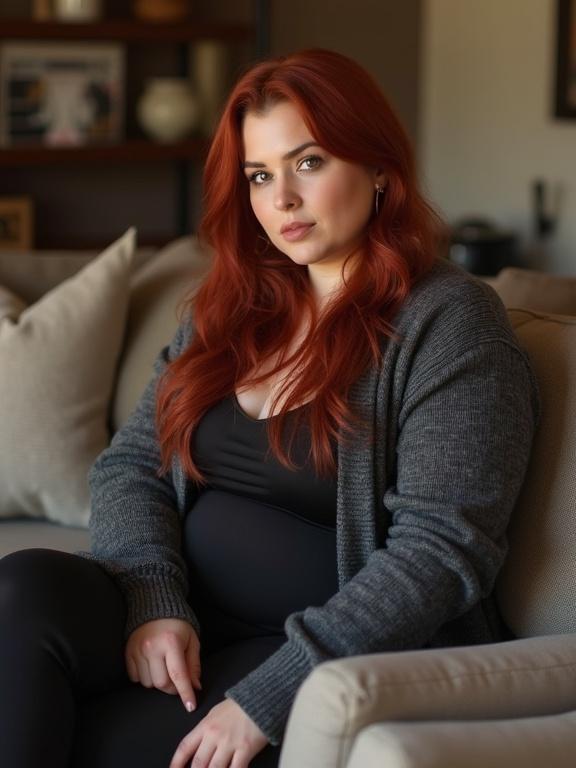 A woman with dark red hair wears a gray cardigan. She sits on a beige sofa with a thoughtful expression. The setting features a cozy and modern atmosphere.