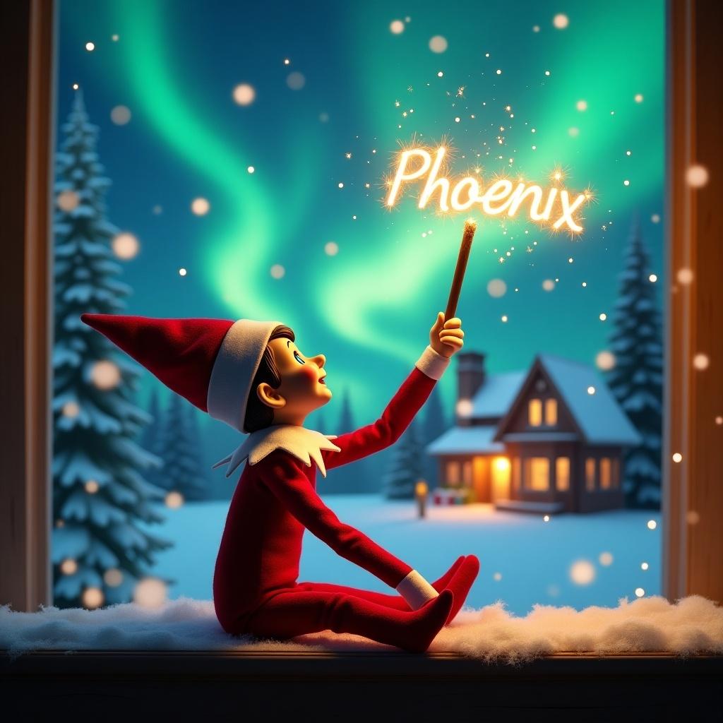 An elf on the shelf sits with its back to the viewer, gazing skyward. It holds a glowing wand that emits sparkling light. The background showcases a charming Christmas scene with colorful northern lights swirling above. In the distance, a cozy house can be seen, decorated for the holidays. Snow covers the ground, adding to the winter atmosphere. The elf is in a playful position, embodying the spirit of magic and wonder associated with Christmas. The name 'Phoenix' is written in the air using the wand.