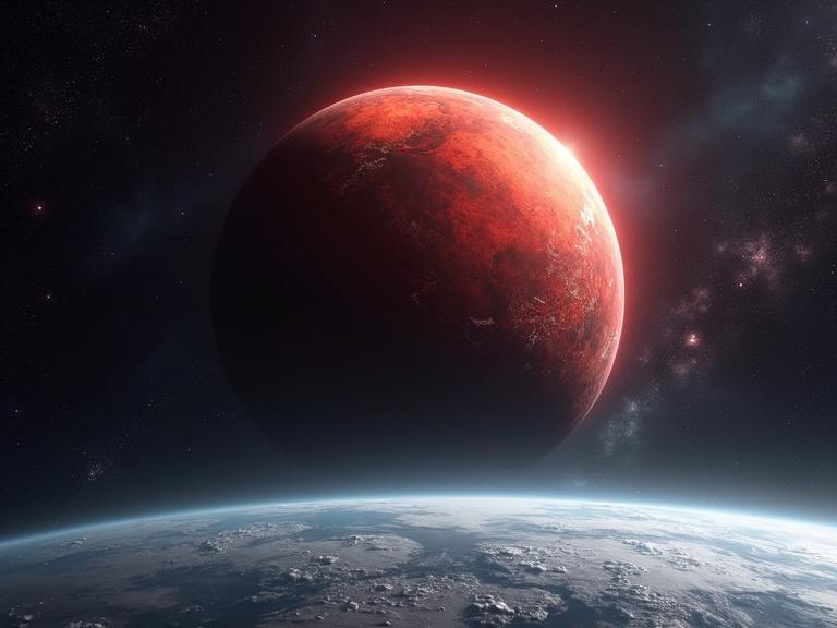 A large red planet in space above Earth. Realistic details of Earth surface. Soft shadows cast on the planet. Cosmic scenery with planets and stars.