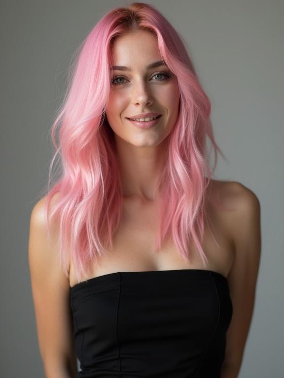 A woman with shoulder-length pastel pink hair is wearing a black dress. She is smiling and is in a softly lit environment.