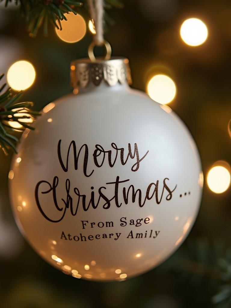 Close-up image of a white Christmas bauble with text. Text says 'Merry Christmas...From Sage Apothecary Family'. Background includes twinkling lights creating a magical atmosphere.