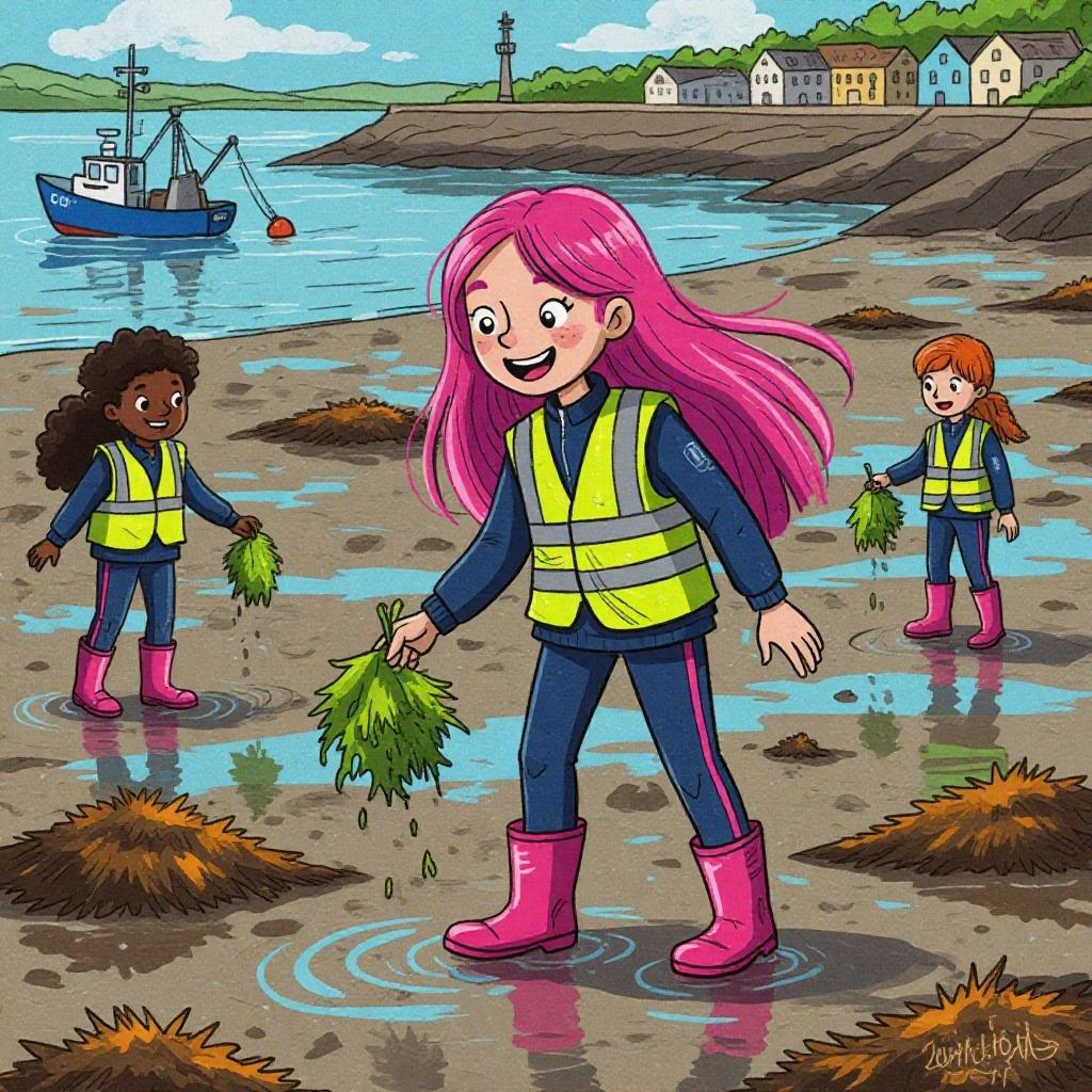 Cartoon characters collect seaweed during a school trip. Girl with long pink hair in hi-visibility vest and tracksuit. Friends nearby in a harbor setting.