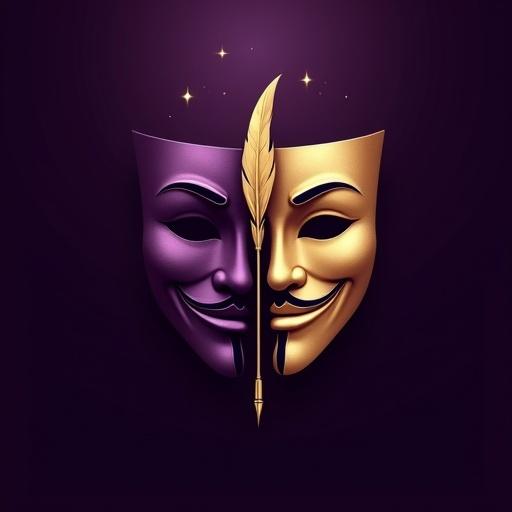 2025 style logo illustration against dark purple background. Elegant gold accents prominent. Two theatrical masks; one purple with a sad expression; one golden and smiling. Gold feather quill transforming into a pen between masks. Subtle digital circuit elements integrated. Soft glowing halo adds allure.