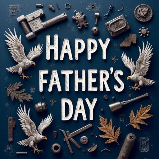 Flat lay Father's Day theme illustration on navy blue background. Strong birds like eagles in grey and dark blue. Stylized tools include wrenches and hammers. Small gears and oak leaves are present. Abstract wood grain and distressed metal patterns are integrated. Simple bold text 'HAPPY FATHER'S DAY' as central element.