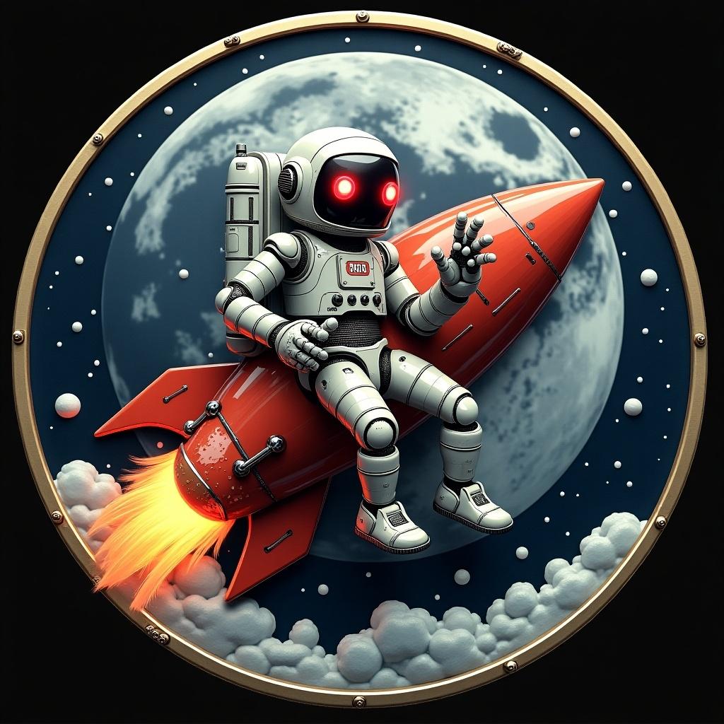 Design depicts a robot with red eyes sitting on a rocket. The robot appears relaxed with a friendly gesture. Background features a large moon and fluffy clouds. Artistic style is colorful and playful.