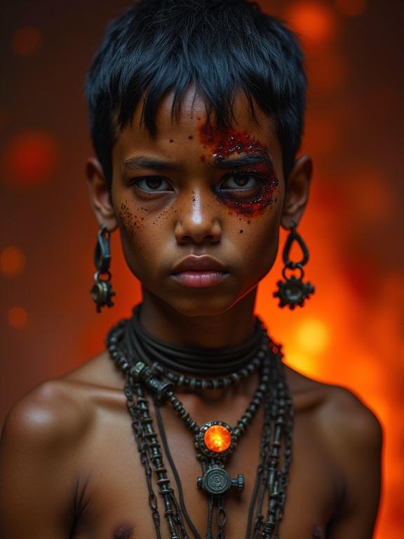A portrait of the Molten-Eye, an apprentice of the forge caste in a post-apocalyptic society. The figure has a partially burned face with heat scars and soot. One eye is focused while the other reflects light from molten metal. The background glows red-orange from molten iron. The chest shows spiral burn marks and a necklace of screws and wire. Light and shadow highlight pain and devotion. Fire particles float in the air.