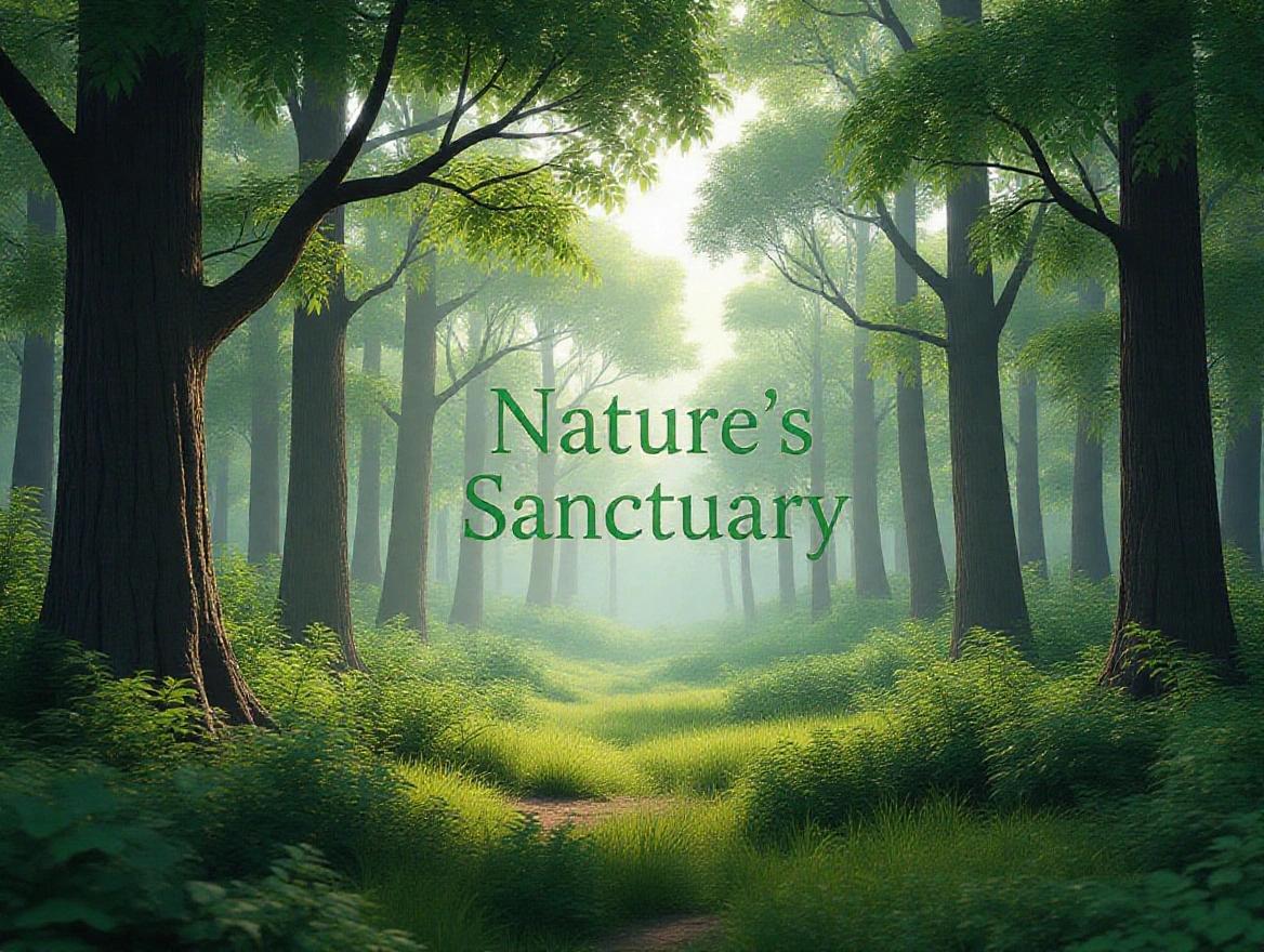 3D rendering of a serene forest scene embodying Nature's Sanctuary theme. Calming and healing power emphasized. Elements include lush greenery and soft sunlight filtering through trees. Mood is peaceful and inviting.