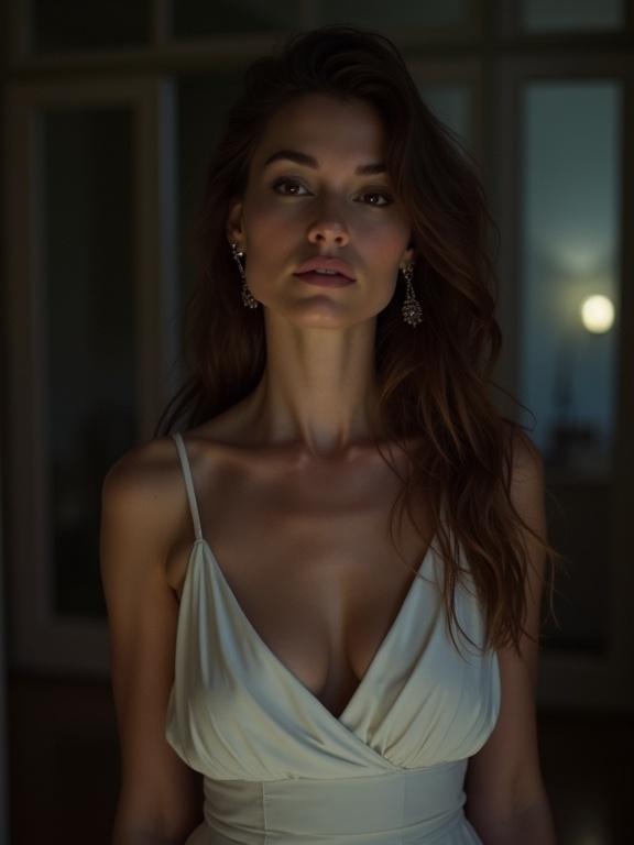 The woman in lightgown stands in dim lighting. Focus on neckline and facial expression. Nighttime setting enhances mood.