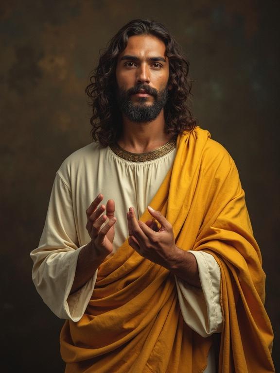 Man in a yellow robe with long hair. Art style depicting a religious theme. Raising hands in a prayerful gesture. Warm lighting emphasizes emotions.