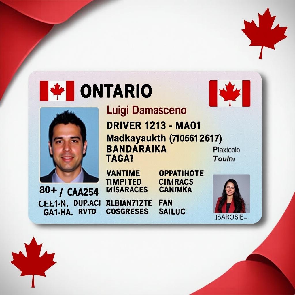 Image features an Ontario driver's license. Prominent name Luigi Damasceno at the top. Shows a photo with identification details. Background includes Canadian elements like the flag. Realistic ID card design with vibrant composition.