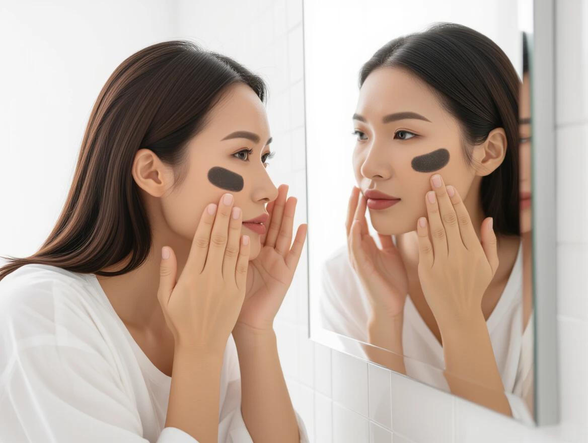 Asian woman examines skin in mirror. She has dark patches on her face. The lighting is natural. The environment is calm and bright. She looks thoughtful while inspecting her skin.
