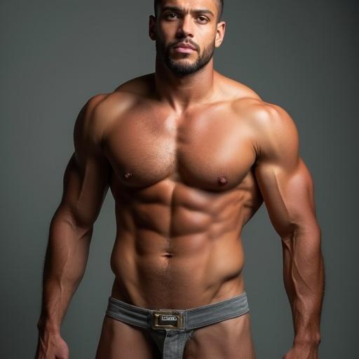 A 22-year-old male with an impressive muscular physique. He poses to display perfect glutes and defined abs, presenting a striking image. Pose captures the essence of fitness and aesthetic beauty.