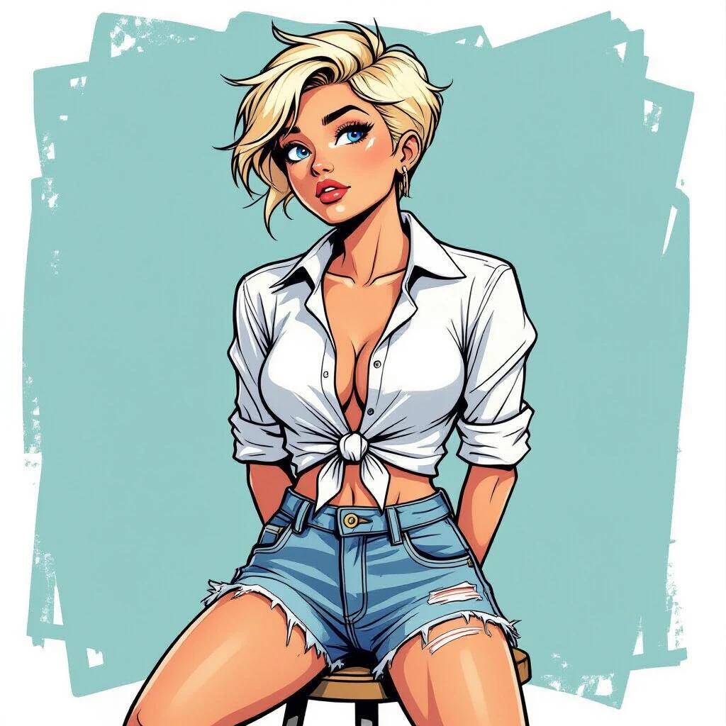 A young woman poses confidently on a stool. She wears ripped denim shorts. She wears a white stand-up collar shirt knotted in front. Bright blue eyes and straw-blonde hair enhance her determined look. The image has a comic style with bold outlines.