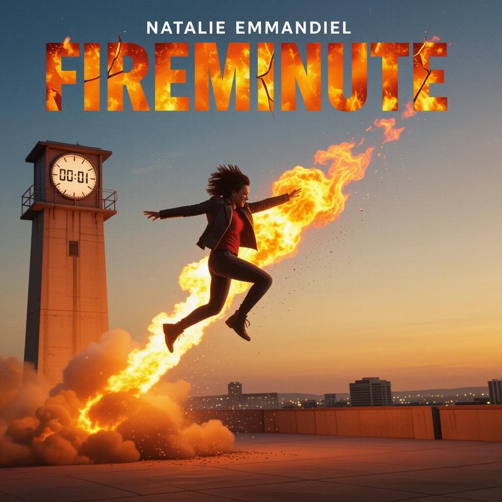Natalie Emmanuel leaps from a detonating tower. Flames are frozen mid-blast. Digital timer shows 00:01. Fiery orange glows surround concrete dusk tones. Title displayed in tall cracked sans-serif font with rising embers. Highly detailed 6K explosive energy freeze-frame.