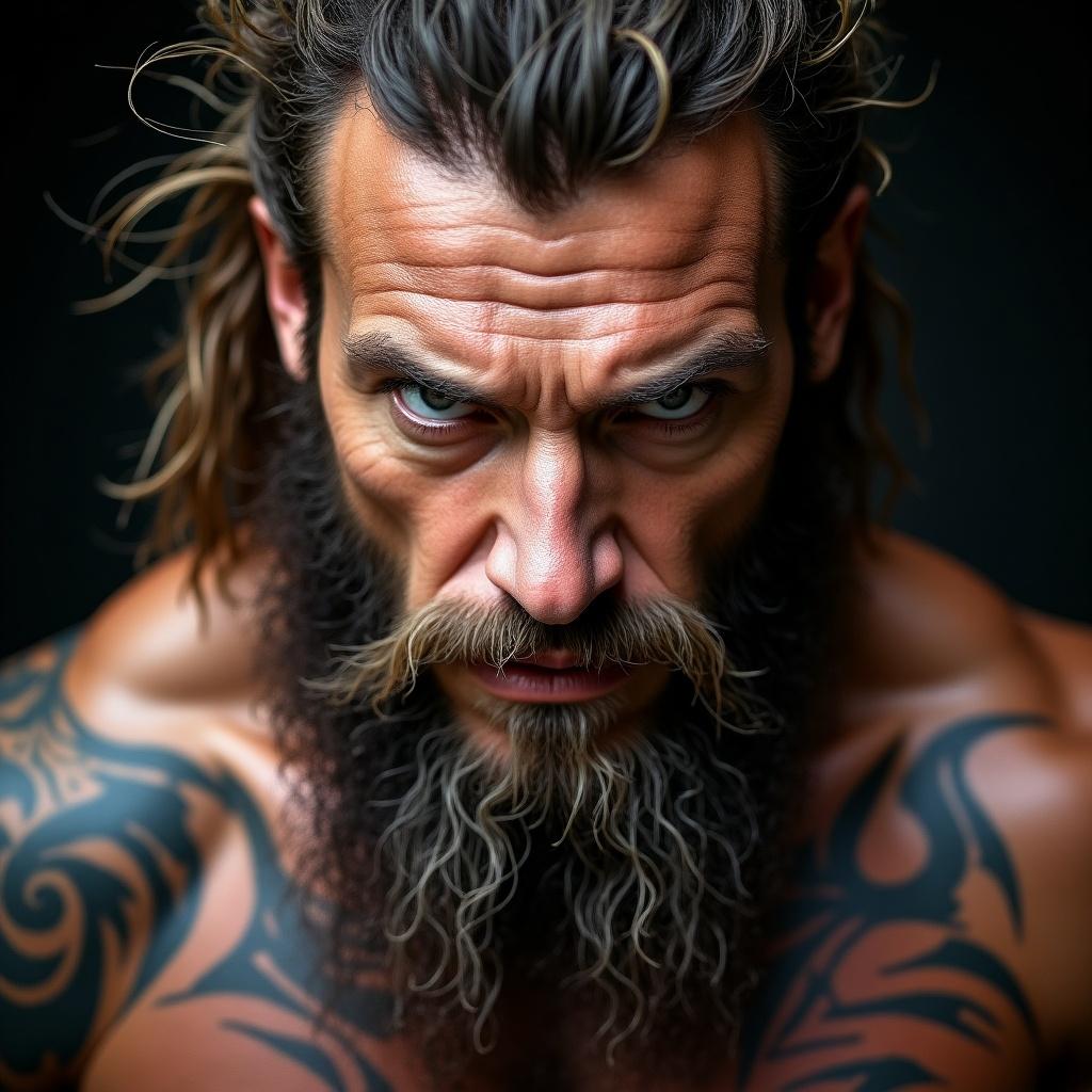 Close-up portrait of a barbarian man with intense expression. Man has long beard and prominent tattoos. Focus on fierce gaze and muscular features.