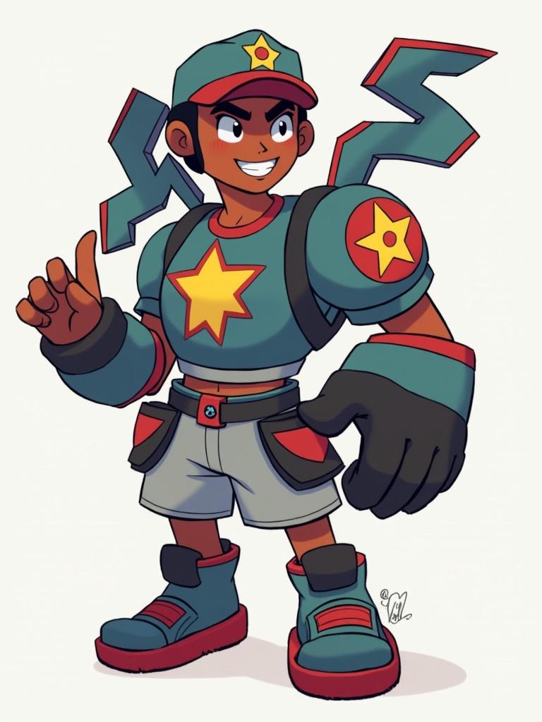 Character design inspired by Brawl Stars. Features a cartoonish male character wearing a cap and colorful outfit. Includes gloves and boots with a star emblem. Character poses dynamically.