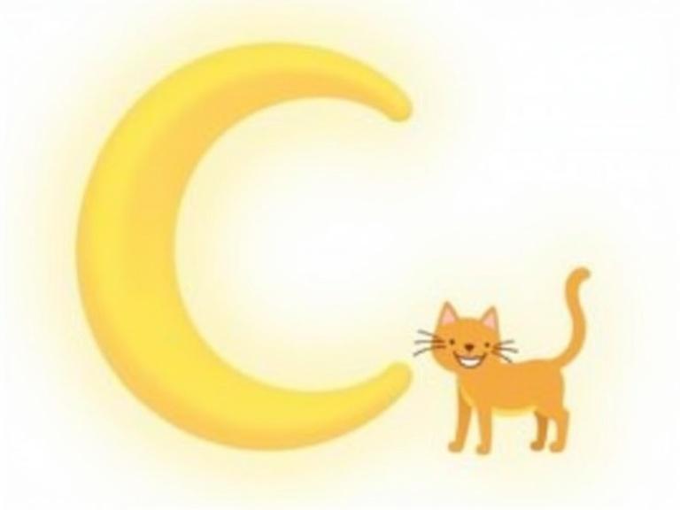 The capital letter 'C' is shaped like a yellow crescent moon. A cute cat is next to the letters. The small letter 'c' appears, completing into a circle before returning to its original shape.