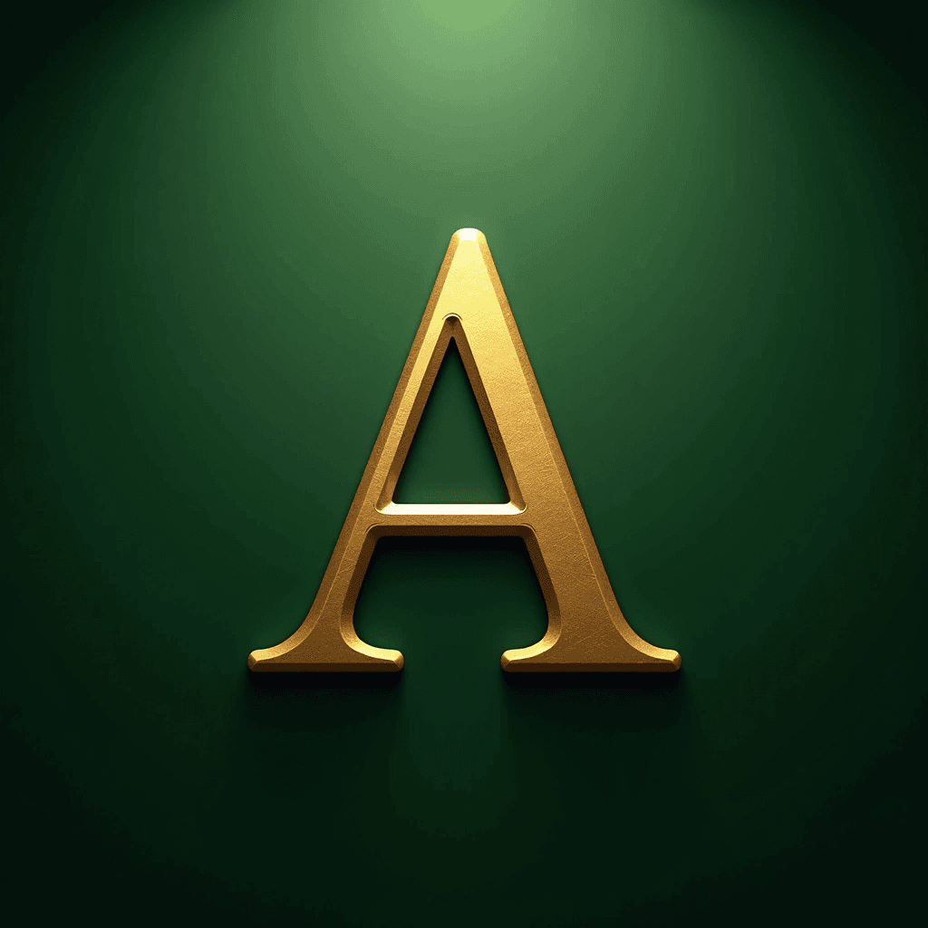 A gold letter 'A' against a vibrant green background, illuminated by a spotlight.