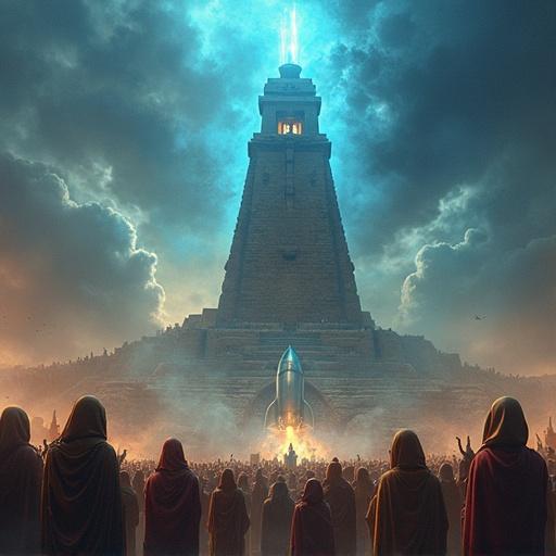 Scene depicting an ancient king on top of a monumental tower with worshippers all around. A rocket launches from the tower amidst blue dust clouds.
