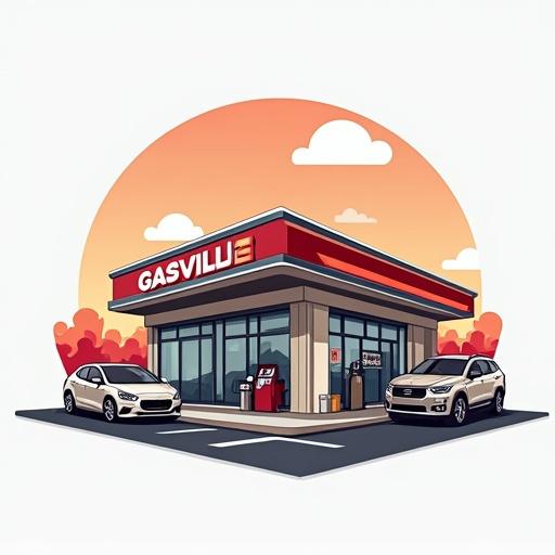 Gas station concept featuring the logo GASVILLE LLC. Illustrative style with a vibrant backdrop. Cars parked in front of the establishment. Bright colors and modern design elements.
