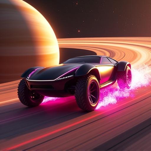 Cinematic shot of a Cybertruck drifting across the glowing rings of Saturn. Matte black exterior with magenta accent lighting. Cosmic dust and space debris kicked up as it slides sideways. Bright energy trail behind tires. Rings reflect metallic tones under golden-orange light. Gas giant looms in background with swirling bands. Lifelike lighting and lens flares. High-definition motion blur. 4K sci-fi realism.