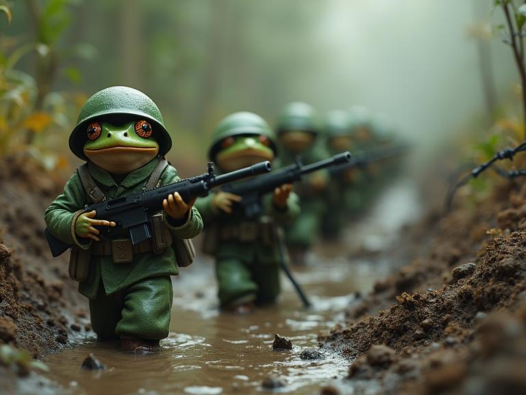 A squad of frog soldiers carrying machine guns in green uniforms emerge from muddy trenches. They navigate a war-torn landscape with barbed wire and crumbling earth. The scene blends whimsy with elements of war. Rendered in Australian tonalism style with oil painting textures and dynamic lighting.