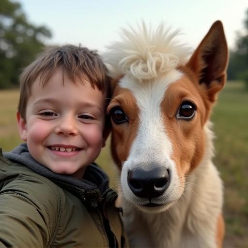 A boy takes a selfie with a friendly animal. The boy smiles widely. The animal has a unique appearance.