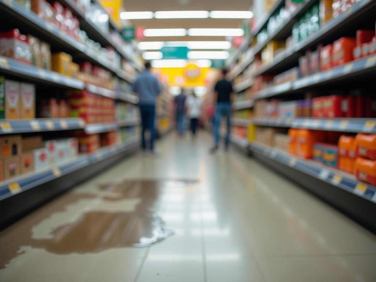 This image shows the interior of a supermarket taken from a low angle. The floor is somewhat shiny and there is a puddle of water visible. Shelves filled with various products line both sides of the aisle. In the background, people can be seen walking and shopping. Some brightly colored signs and products can also be spotted, adding to the store's lively atmosphere.